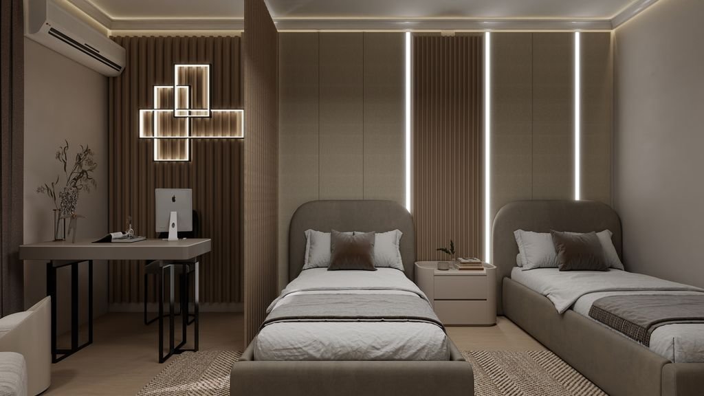 Modern hotel room with two twin beds, sleek decor, and ambient lighting.