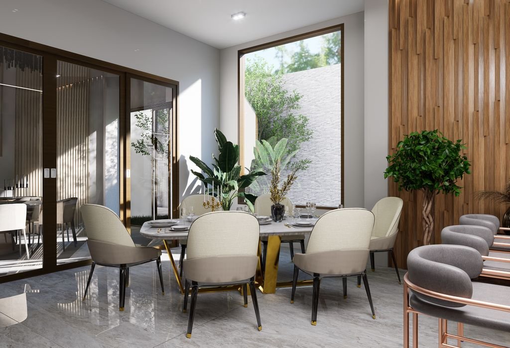 98 Dining Room Decor Ideas for a Stylish, Welcoming Space Stylish dining room with contemporary decor, featuring large windows and indoor plants.
